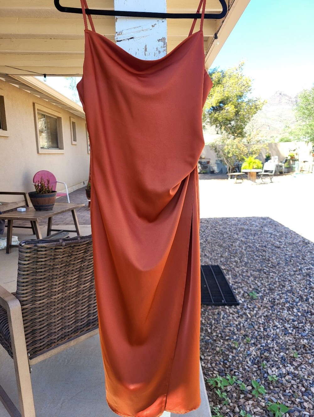 Lulu's Hollywood Woman Rust Orange Satin Cowl Neck Strappy Maxi Dress. Medium - Picture 2 of 16